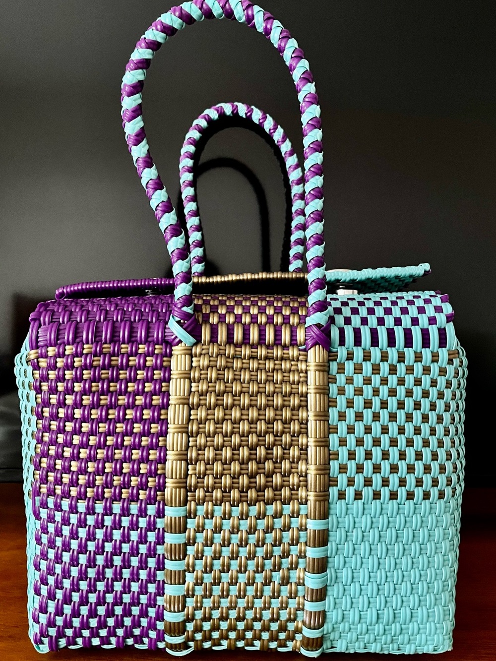 Brand new Woven Colorblock Tote Bag in Purple, Aqua & Gold- made in Mexico